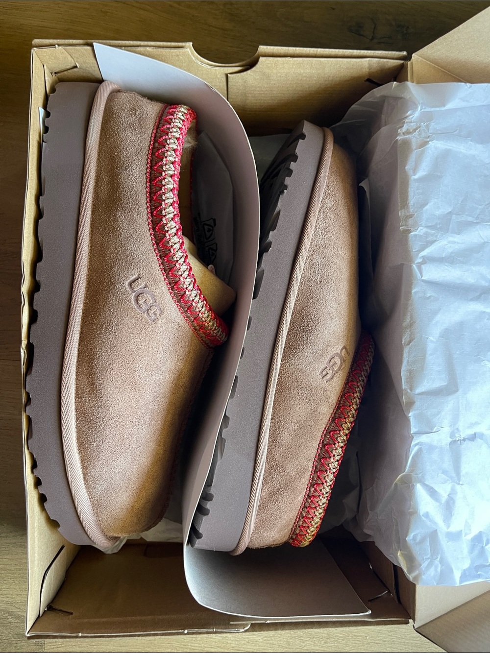 UGG Rocky Oak Suede Slip-On Slippers with Red Trim